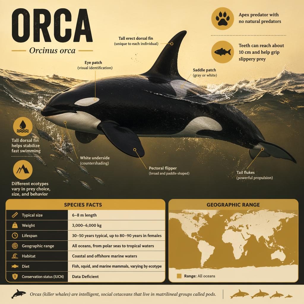 Orca factsheet infographic with full-body side-view killer whale, labeled anatomy, stat block, four fact icons, and range map.