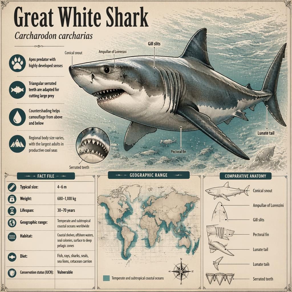 Vintage-style infographic of a great white shark with anatomy labels, stat block, fact icons, and global range details.