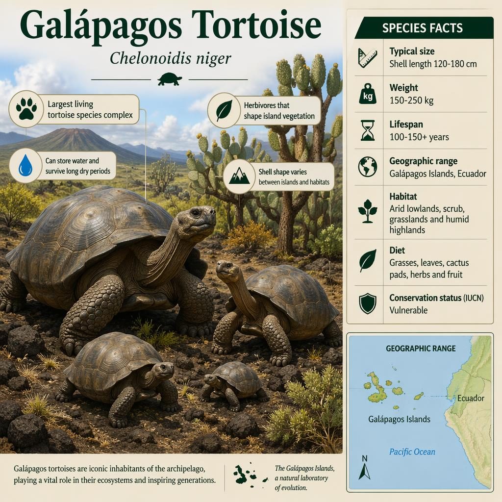 Infographic of a Galápagos tortoise family on volcanic terrain with stats, fact icons, and range map in English.