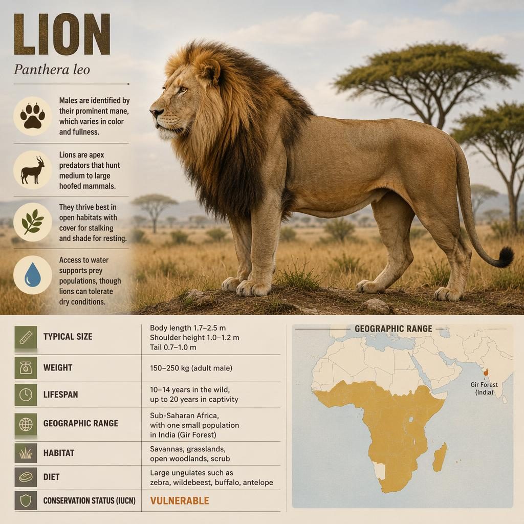 Infografica naturalistica con leone maschio adulto di profilo nella savana, blocco dati, callout, mappa areale e nome scientifico.