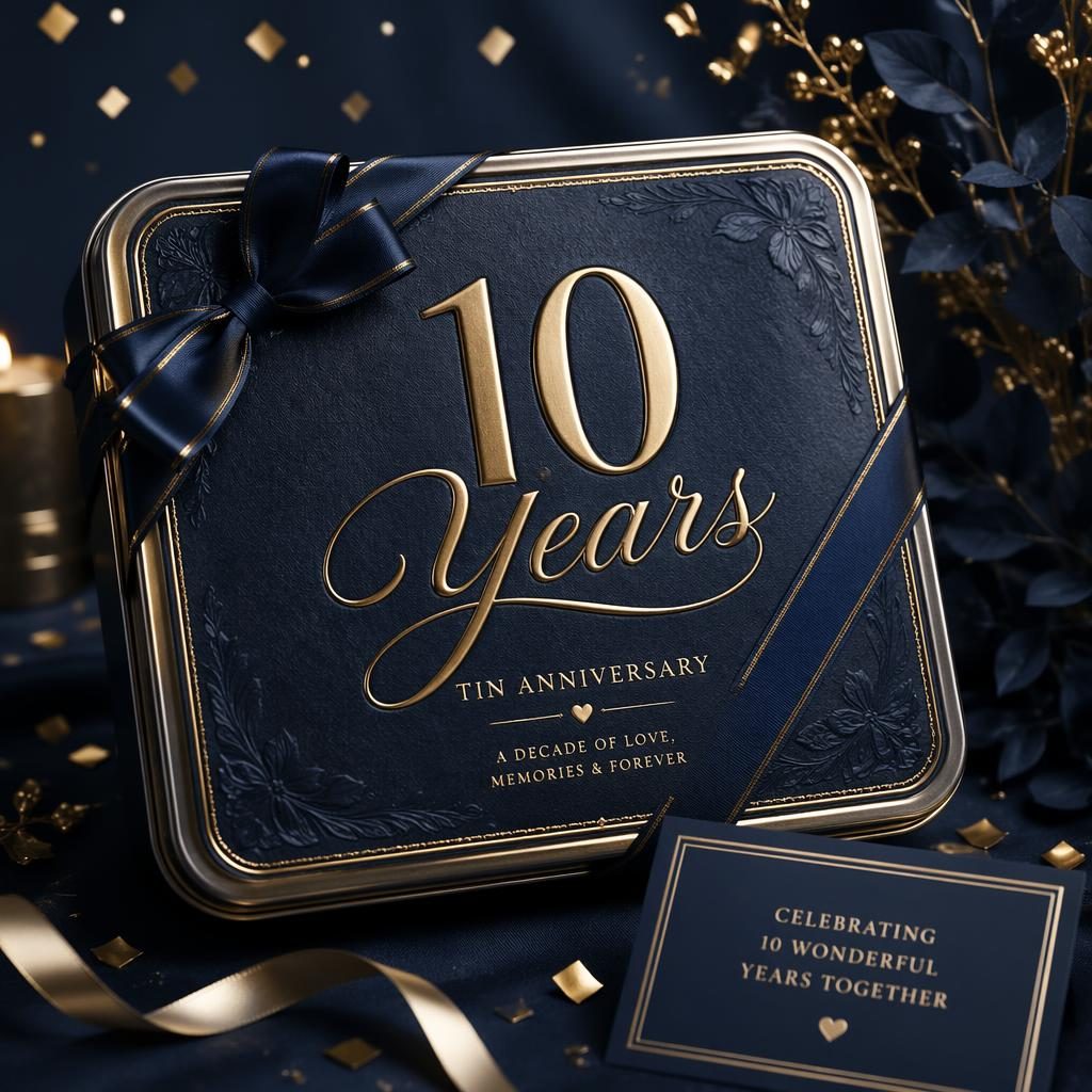 Fotorealistiskt jubileumskort med metallictexten 10 Years, tenninslag, marinblå och guld, konfetti och botaniska detaljer.