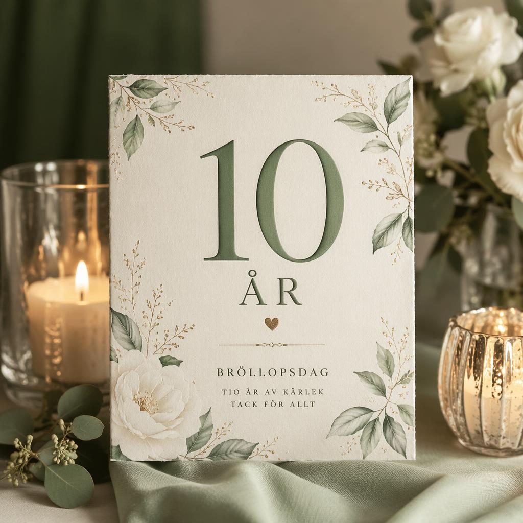 Fotorealistiskt jubileumskort med texten 10 ÅR, botaniska detaljer, ljus textur och salvia-elfenben palett.