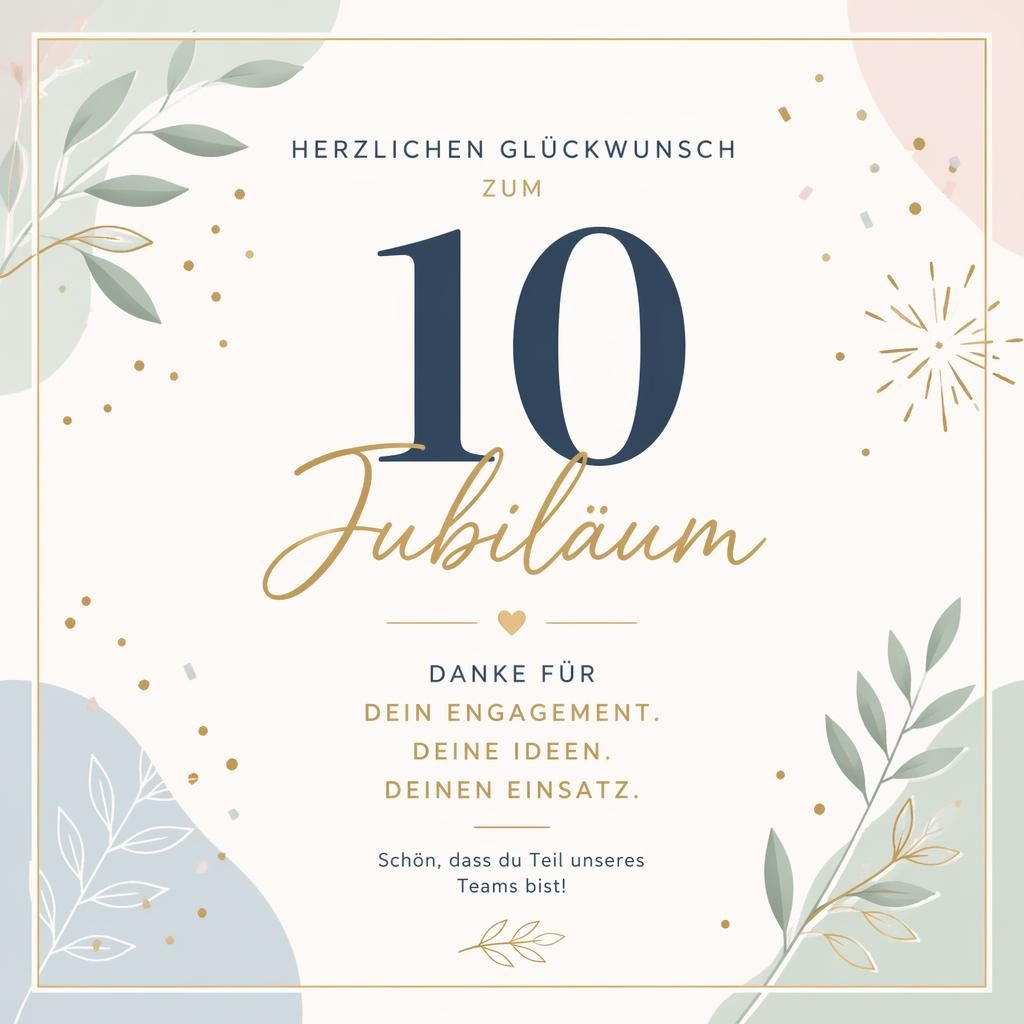 Minimalistische Jubiläumskarte für Mitarbeiter mit großer Typografie, Pastelltönen und dezenten Konfetti-Elementen.
