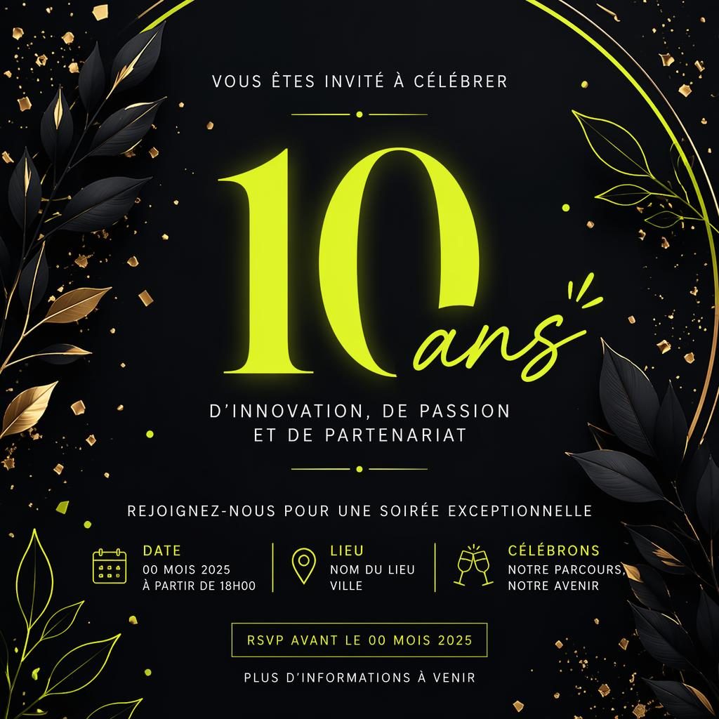 Carte élégante noir et néon avec grand chiffre typographique, accents festifs abstraits et confettis subtils