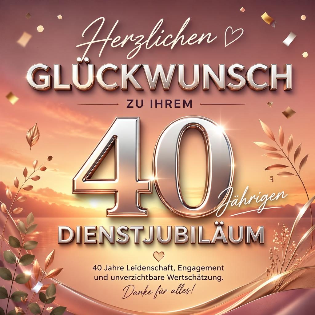 Illustrative Glückwunschkarte zum 40-jährigen Dienstjubiläum mit großer Chrome-Zahl, warmen Sunset-Farben und dezentem Konfetti