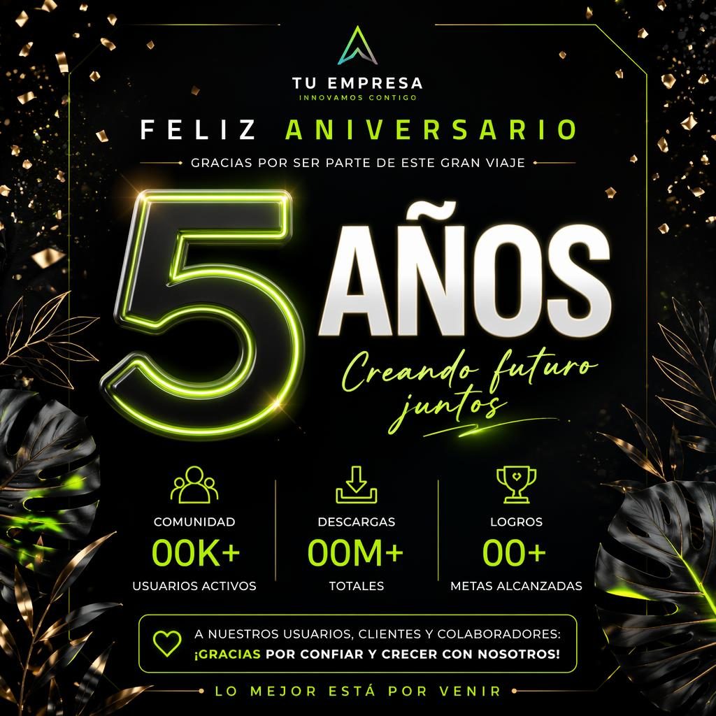 Ilustración de cartel aniversario empresa con número protagonista, fondo negro, acentos neón y detalles sutiles festivos.