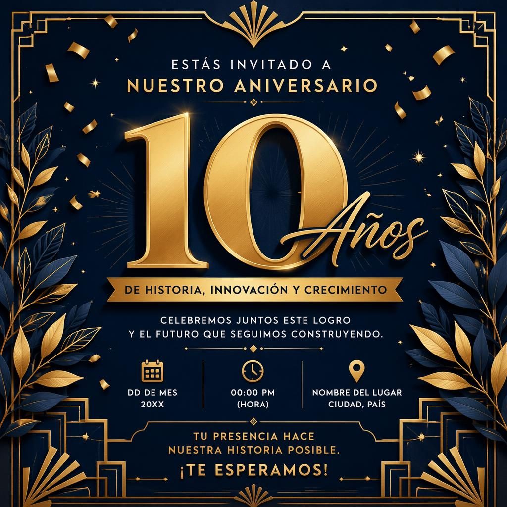 Tarjeta ilustrada de aniversario estilo art déco en azul marino y dorado, con tipografía protagonista y confeti sutil
