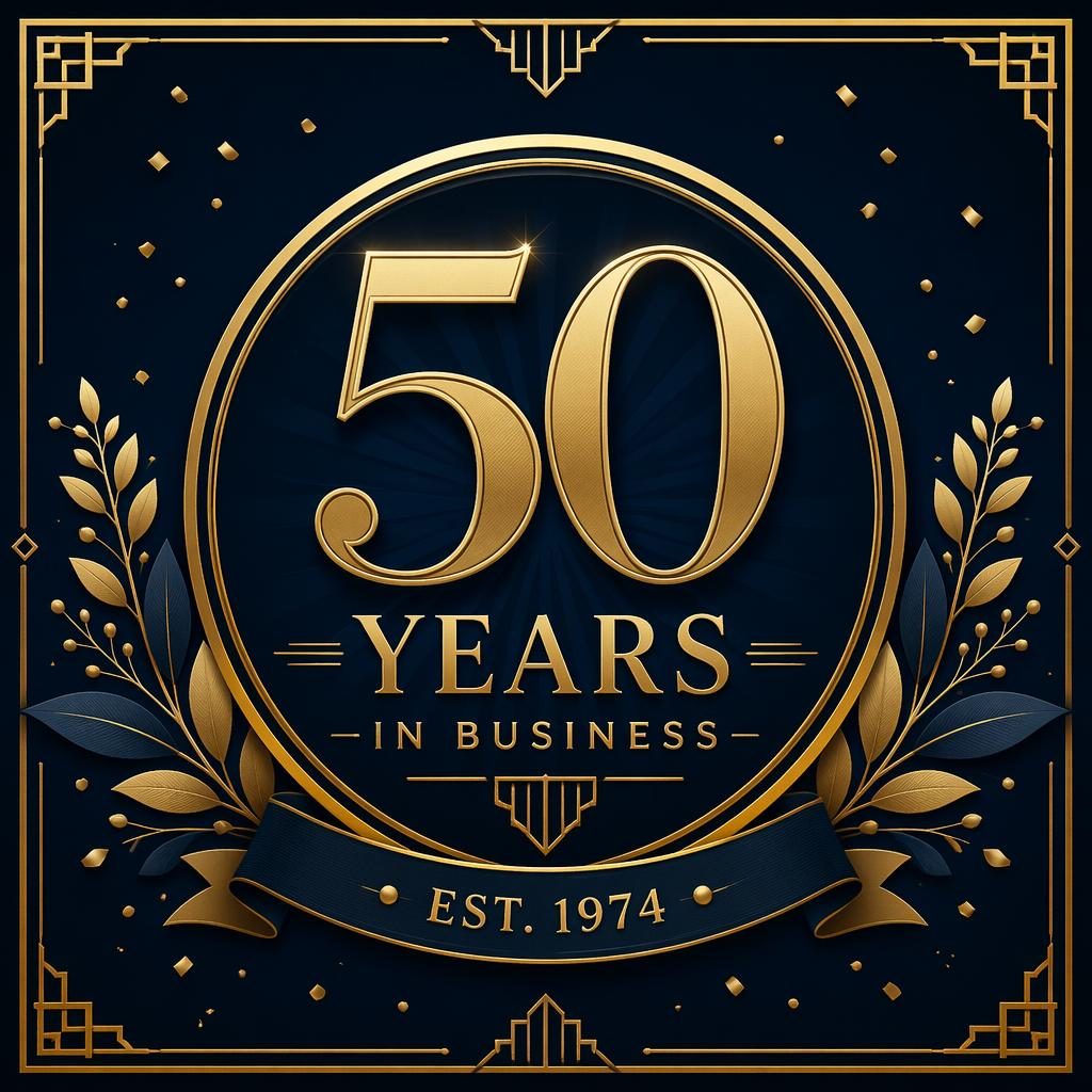 Art deco anniversary card with bold 50 years in business logo style typography in navy and gold, with subtle confetti accents.