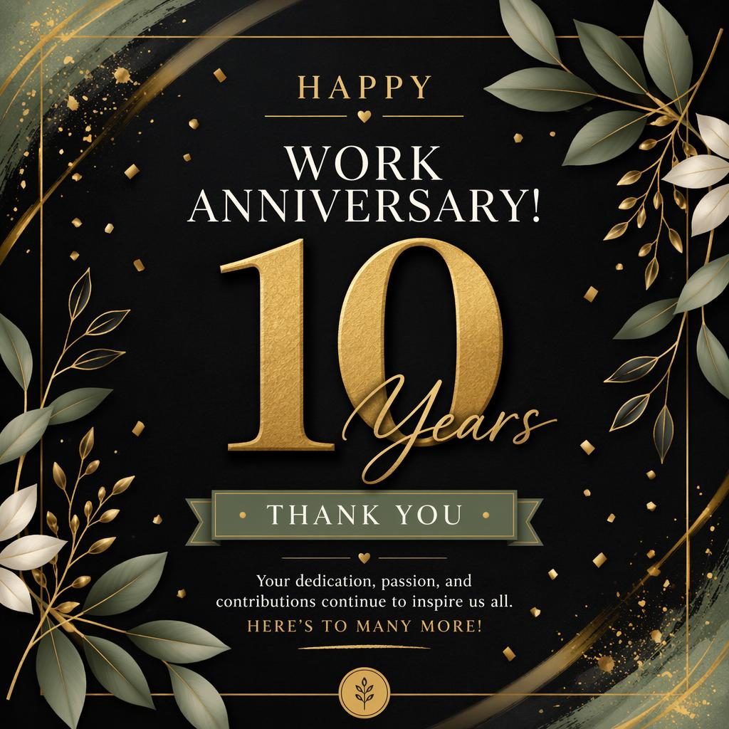 Luxury anniversary card illustration with bold milestone number, black and gold typography, sage and ivory accents, and subtle confetti motifs.