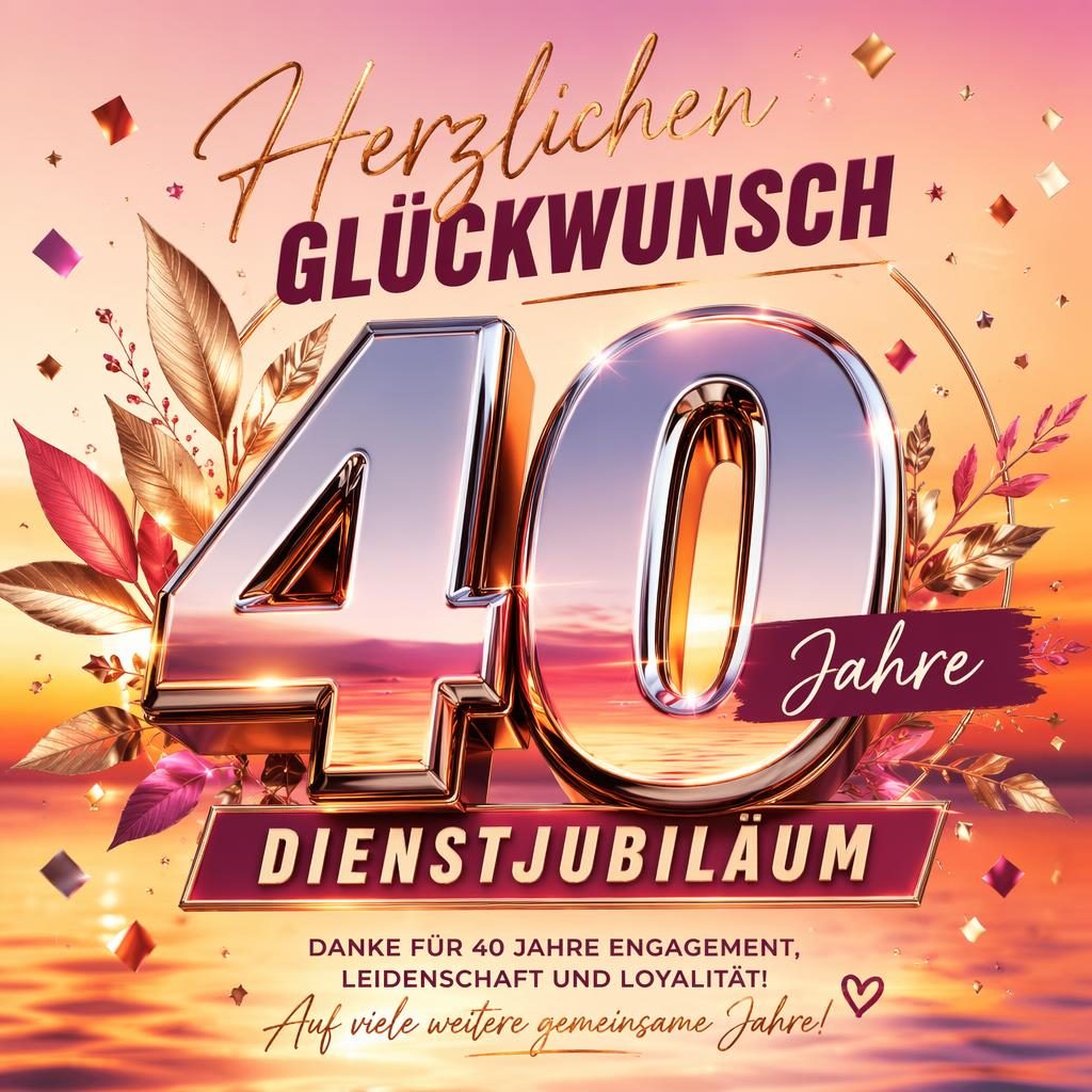 Jubiläumskarte mit großer chromfarbener 40, warmen Sunset-Tönen und dezenten Konfetti- und Botanik-Elementen