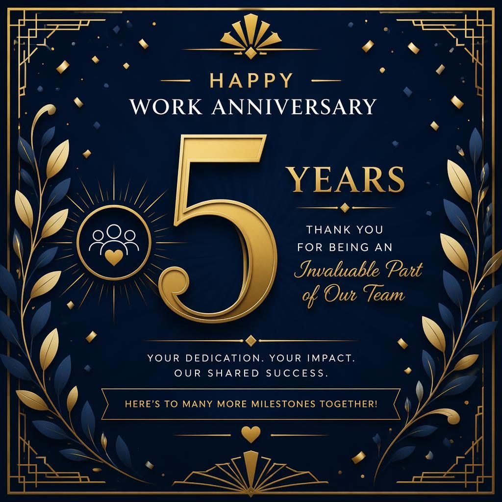 Art deco celebration card illustration in navy and gold with bold hero typography, subtle confetti and botanical accents.
