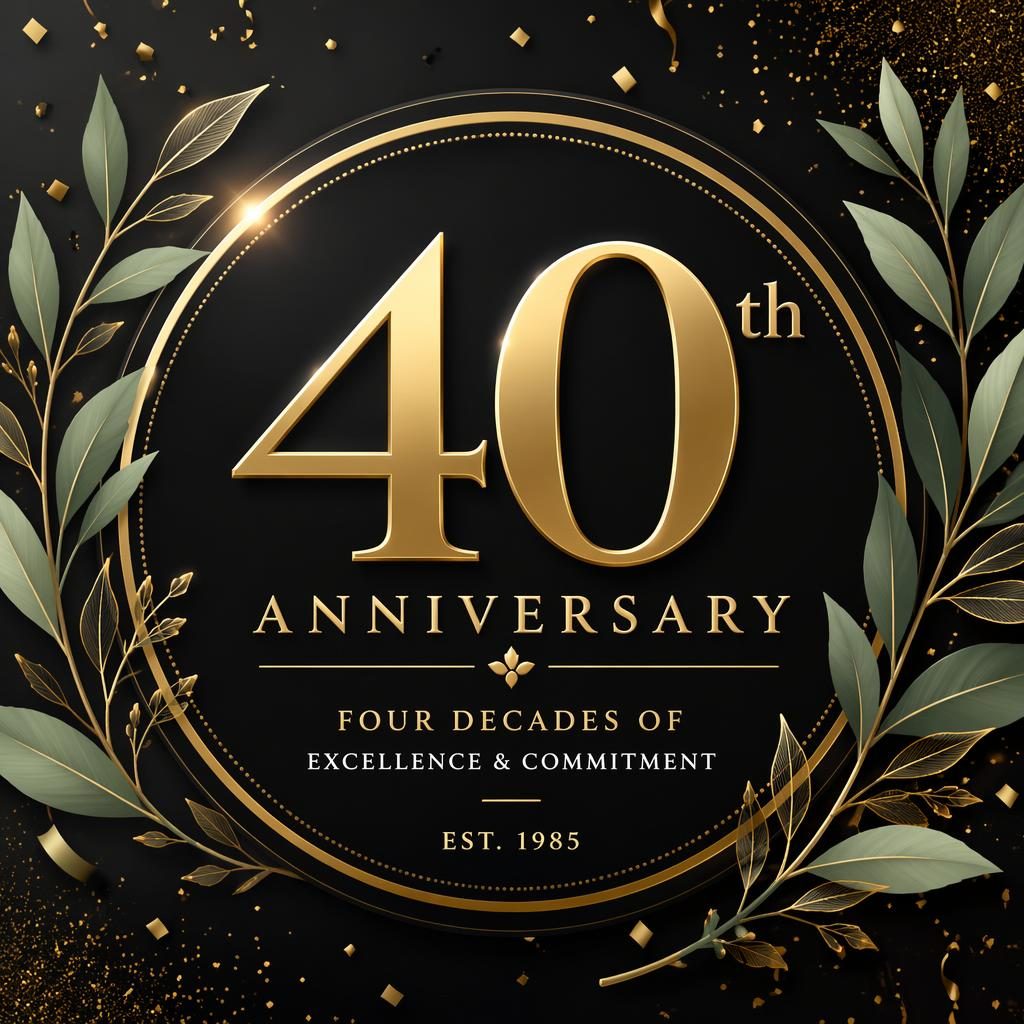 Luxury anniversary card illustration with bold 40 typography, black and gold accents, sage and ivory details, and subtle celebratory motifs.