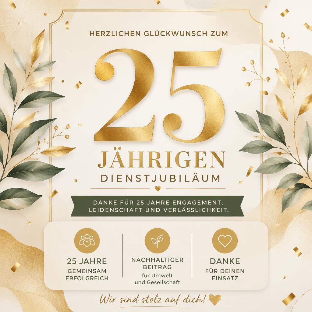 Elegante Jubiläumskarte in Gold und Creme mit großer 25, feinem Konfetti und botanischen Akzenten im Editorial-Stil.