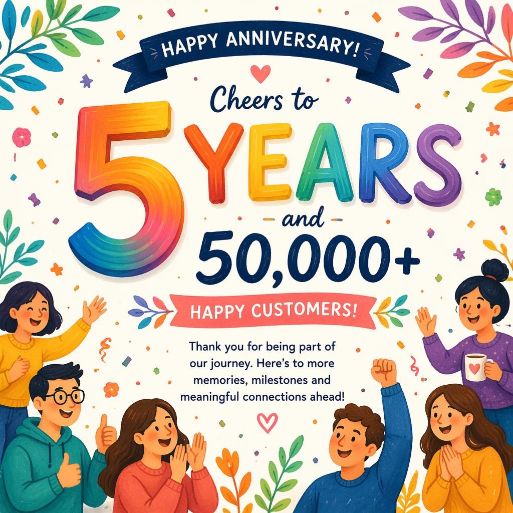 Warm hand-illustrated anniversary card with bold hero number, rainbow palette, confetti, and subtle botanical motifs.