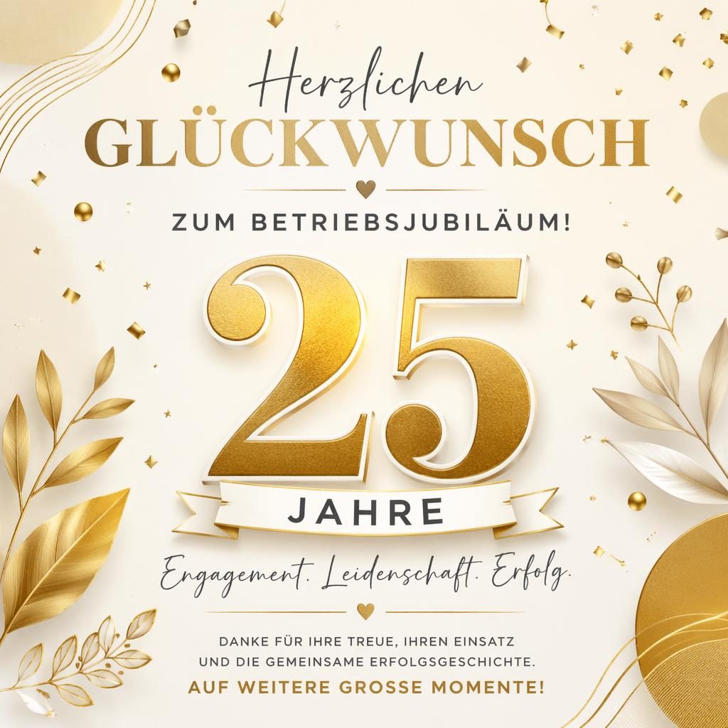 Edle Glückwunschkarte zum Betriebsjubiläum mit großer Typografie, gold-cremefarbenem Design und dezentem Konfetti