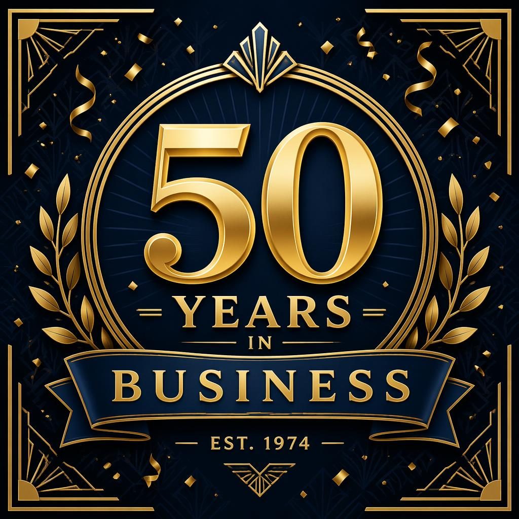 Art deco anniversary card with bold 50 typography in navy and gold, accented by subtle confetti and botanical motifs.
