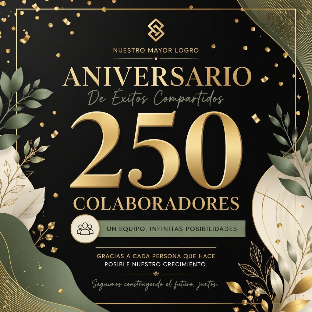 Tarjeta ilustrada de aniversario empresarial en negro, oro, salvia y marfil con tipografía destacada y detalles sutiles.