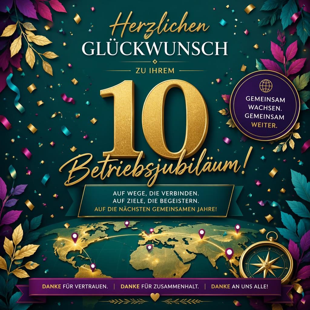 Verspielte Jubiläumskarte in Juweltönen mit großer Typografie, Konfetti und dezenten botanisch-abstrakten Motiven