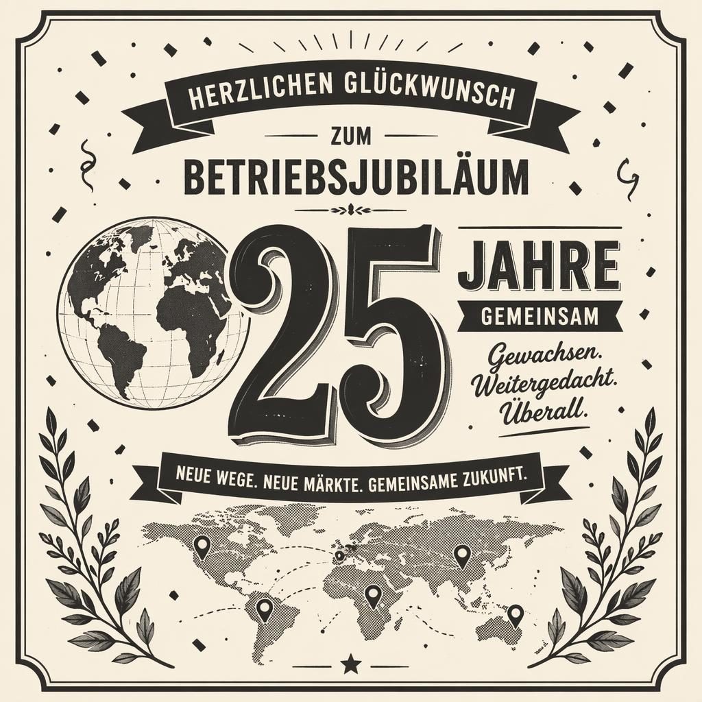 Minimalistische monochrome Jubiläumskarte im Vintage-Retro-Stil mit großer Typografie, Konfetti und dezenten botanischen Motiven.