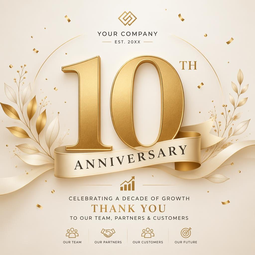 Elegant gold and cream editorial-style anniversary card with bold placeholder milestone number, subtle confetti, and botanical accents.