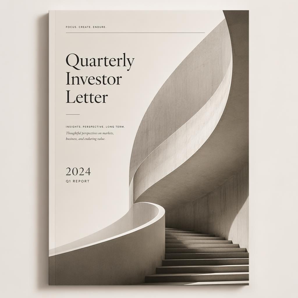 A4 portrait investor letter cover with warm boutique styling, minimal monochrome palette, hero visual, and clean placeholder typography.
