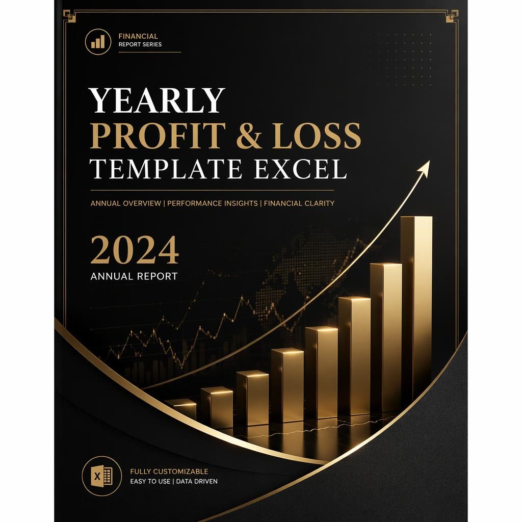A4 portrait annual report cover in black and gold with clean placeholder title, year, subtitle, and polished editorial layout.