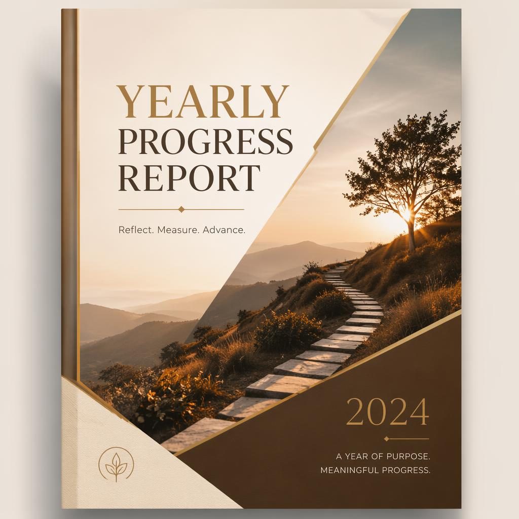 A4 portrait annual report cover with warm earth and gold tones, clean placeholder title, year, and subtitle layout.