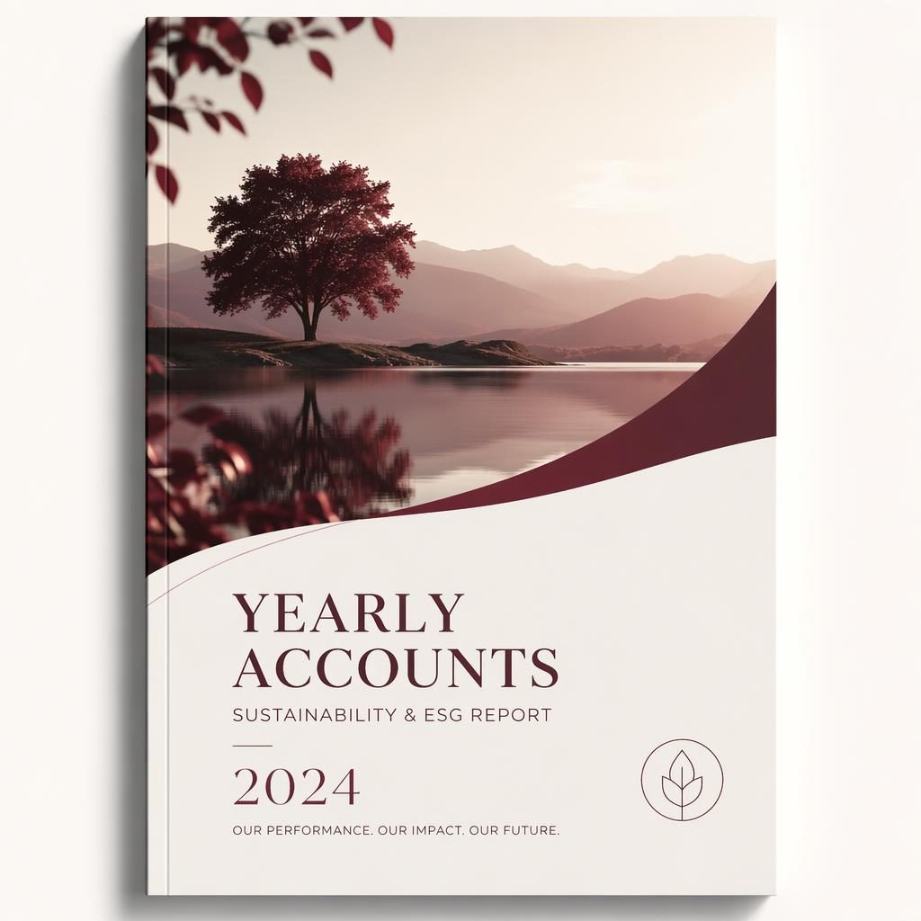 A4 portrait annual report cover with burgundy and warm white sustainability design, clean placeholder typography and year.