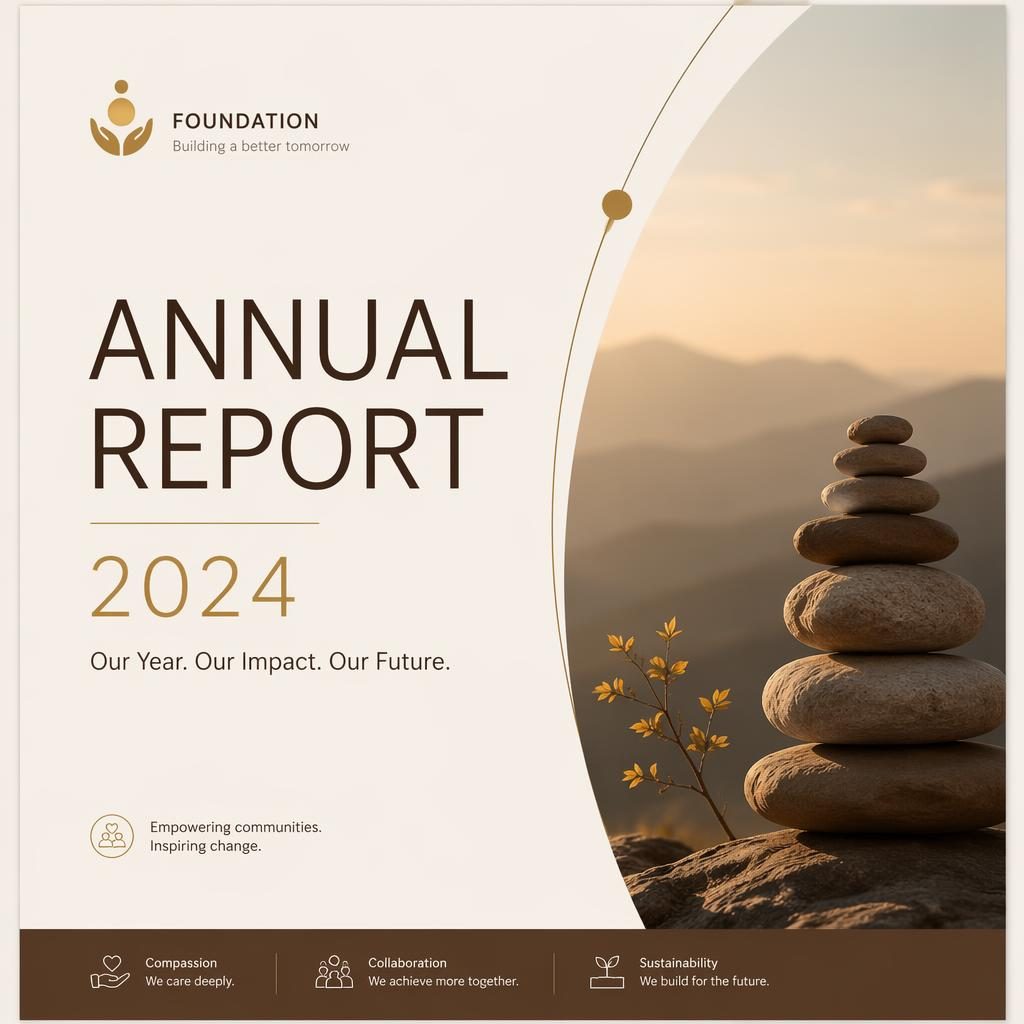 Minimalist Swiss-style annual report cover in A4 portrait with warm earth and gold tones, placeholder title, year, and subtitle.
