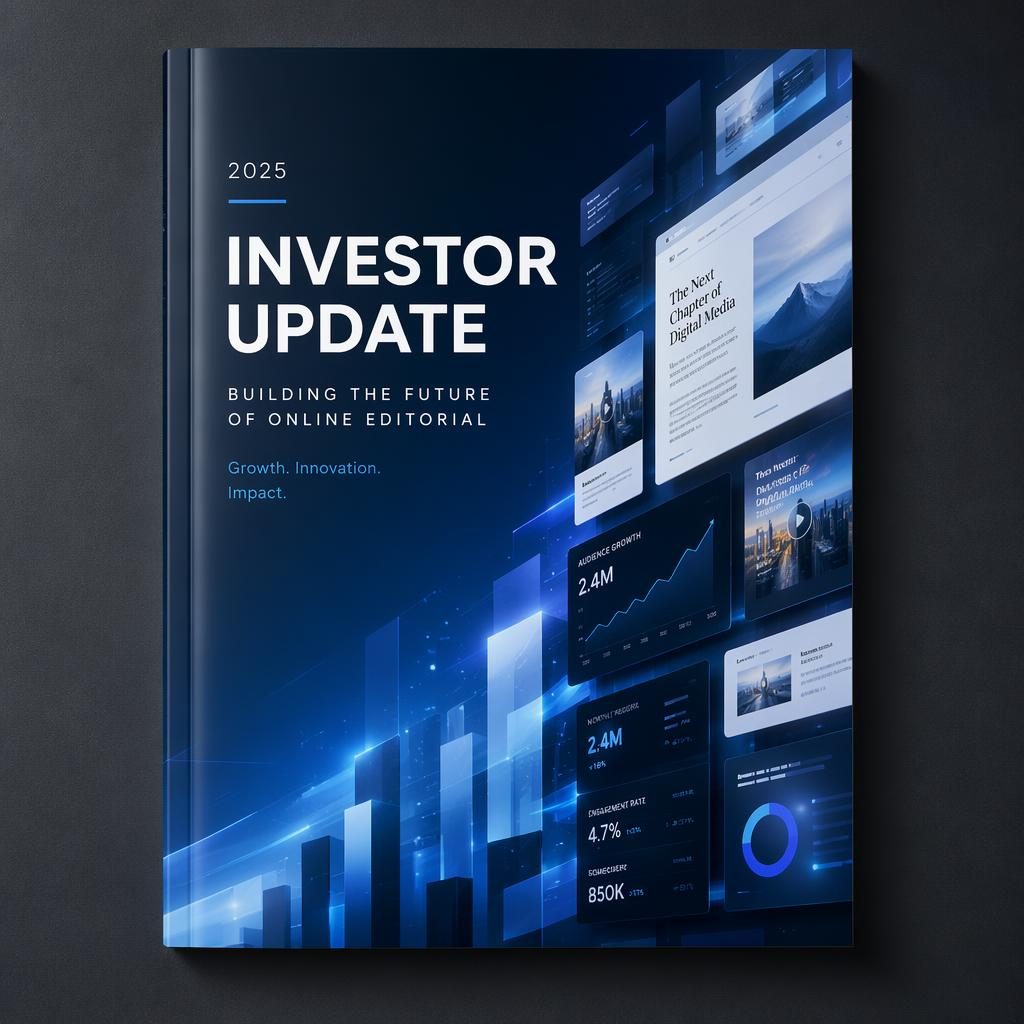 A4-Cover in Tech-Blau mit abstrakten Editorial-Layouts, leuchtenden Interface-Panels und geometrischen Datenformen.
