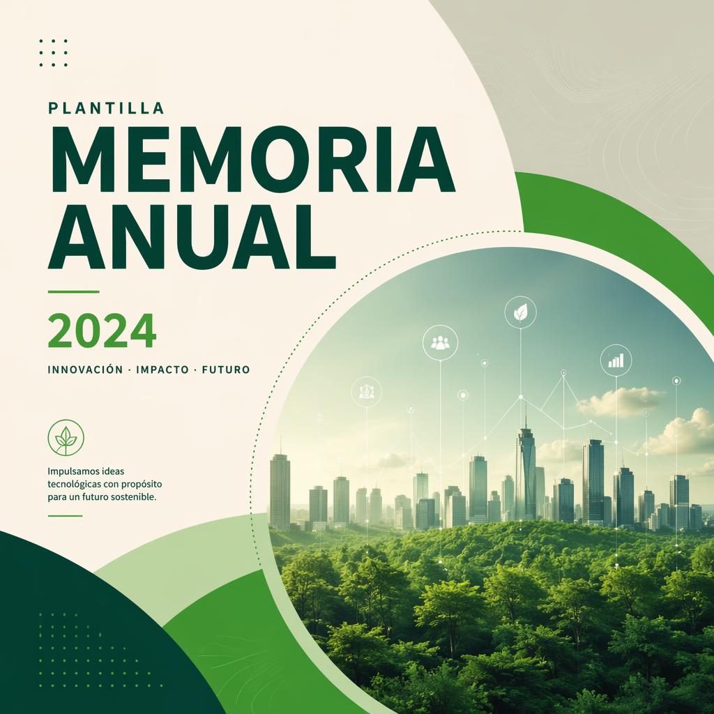 Portada editorial A4 en verde y crema con diseño tech moderno, visual principal abstracto y tipografía de marcador de posición.