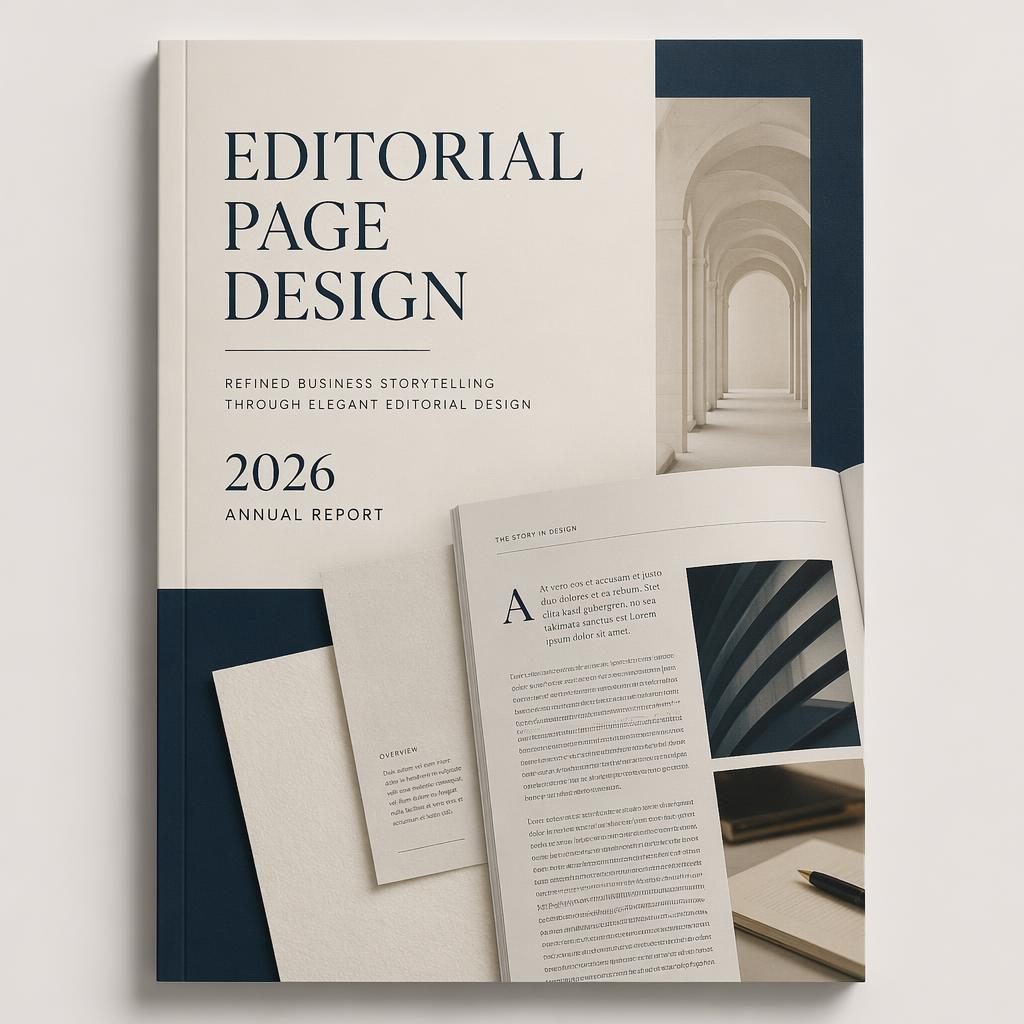 A4-jaarverslagcover 2026 met gelaagde magazine-layouts, crèmekleurig papier, marineblauwe accenten en nette typografie