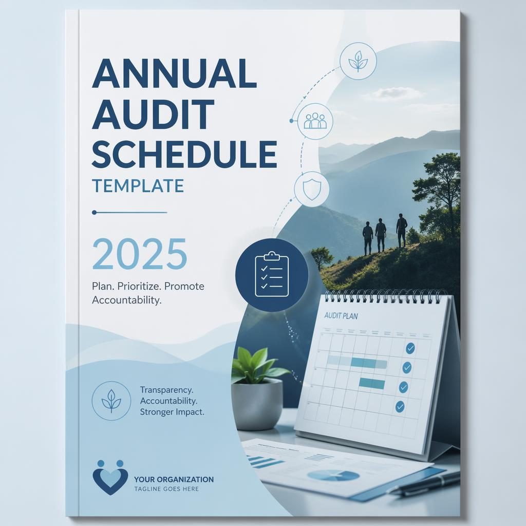 A4 portrait non-profit impact report cover with soft tech blue palette, clean placeholder typography, year, and subtitle.