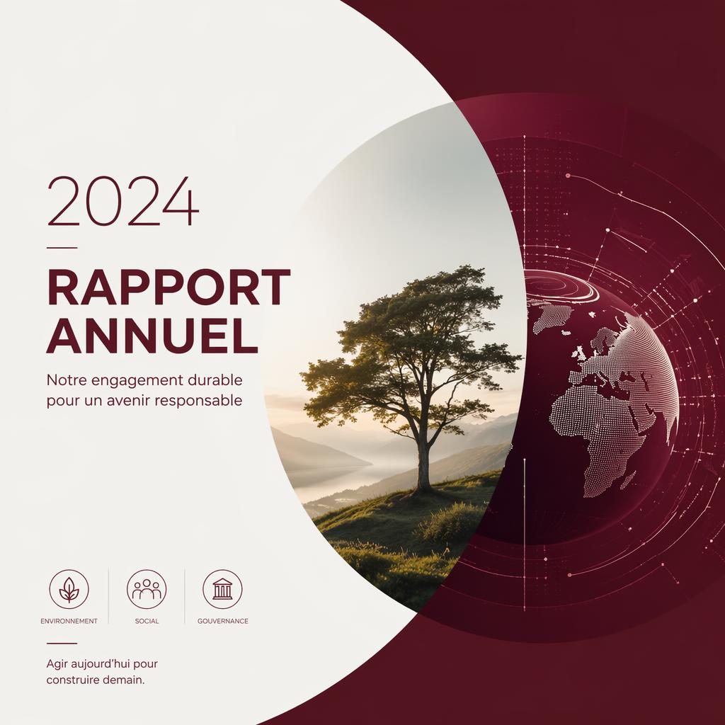 Couverture A4 de rapport annuel ESG, design tech moderne bordeaux et blanc cassé, visuel central et typographie sobre