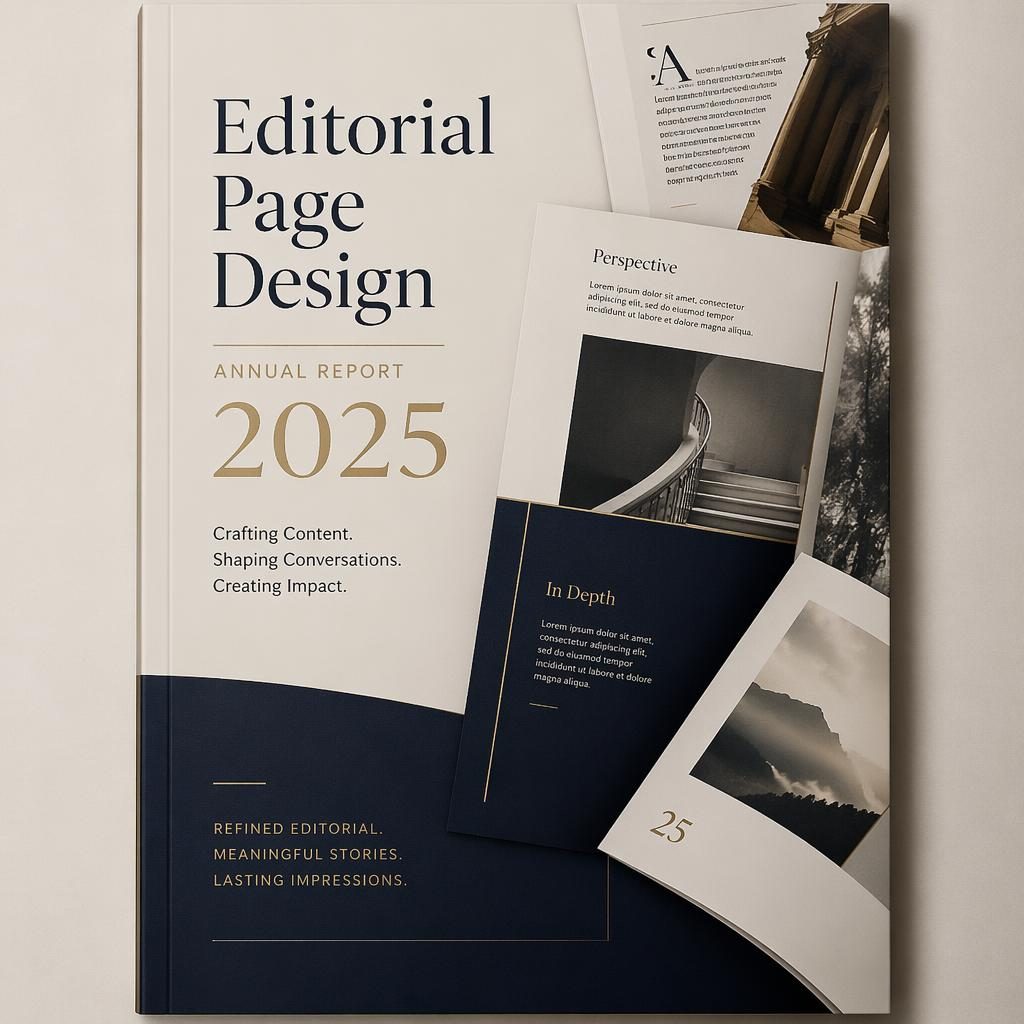 A4-Hochformat-Cover für 2025 in Creme und Navy mit geschichtetem Editorial-Layout, Grid-Struktur und edler Printoptik.