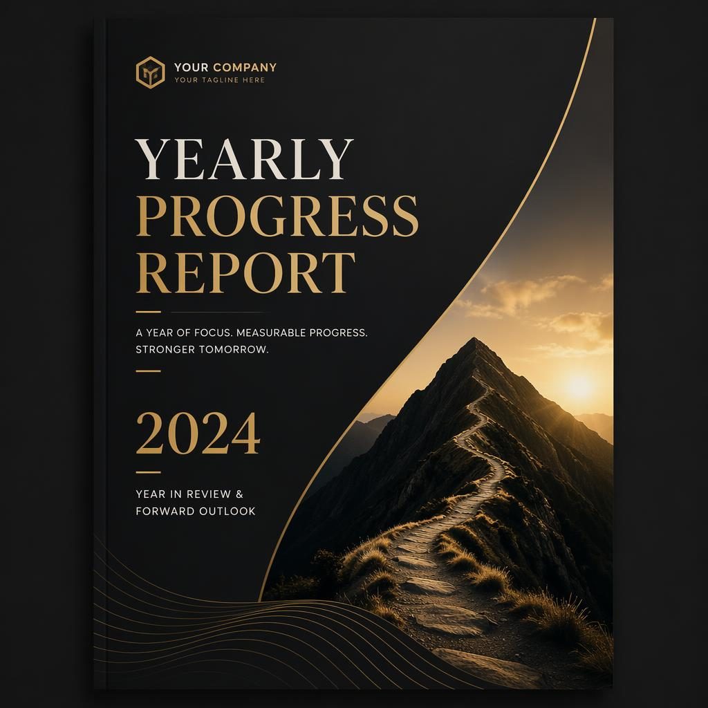 A4 portrait annual report cover with black and gold luxury design, warm boutique styling, and clean placeholder title layout.