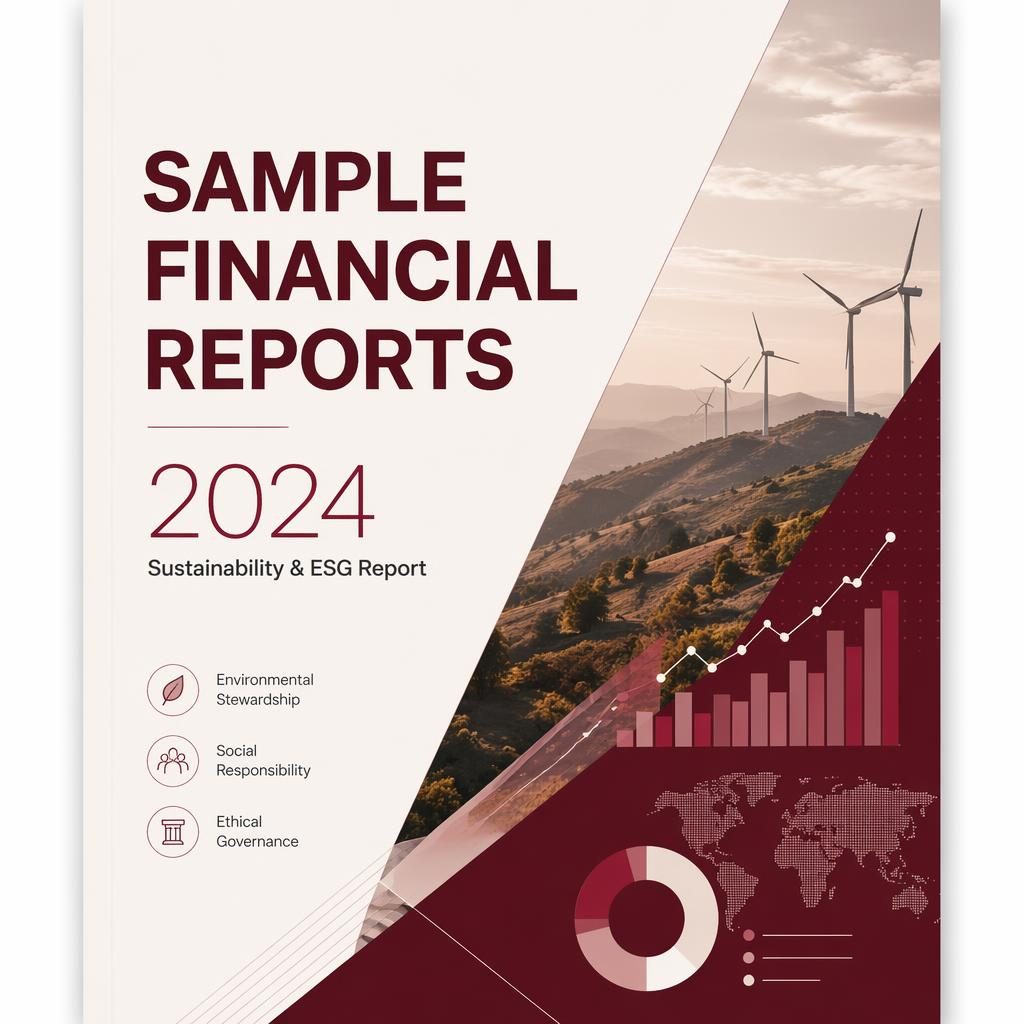 A4 portrait ESG report cover illustration with burgundy and warm white palette, clean placeholder typography, year and subtitle layout.
