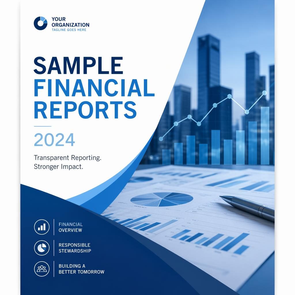 A4 portrait annual report cover with tech blue palette, clean placeholder title, year and subtitle, polished corporate layout