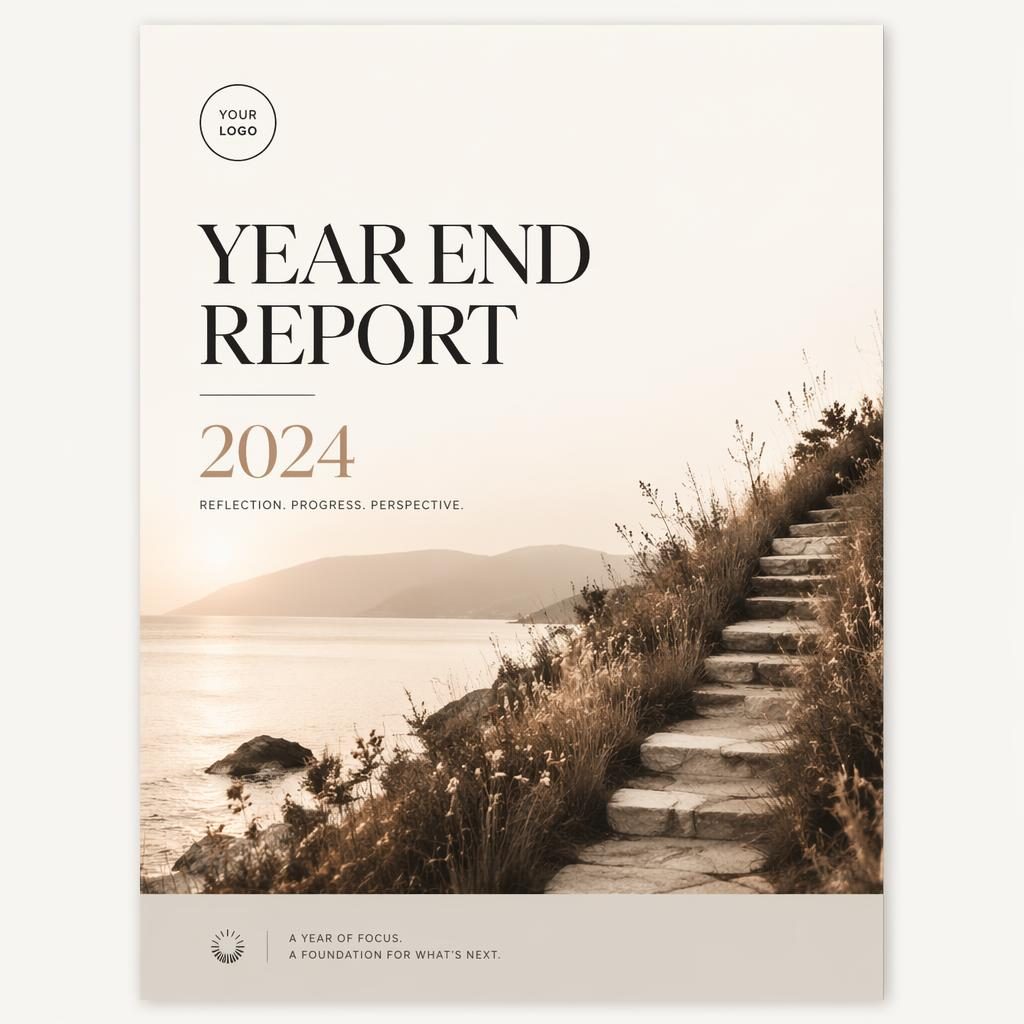A4 portrait annual report cover with warm monochrome tones, clean placeholder typography, year and subtitle, editorial layout.