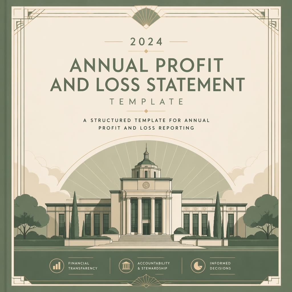 Art deco A4 report cover in sage and ivory with clean placeholder typography for an annual profit and loss statement template.