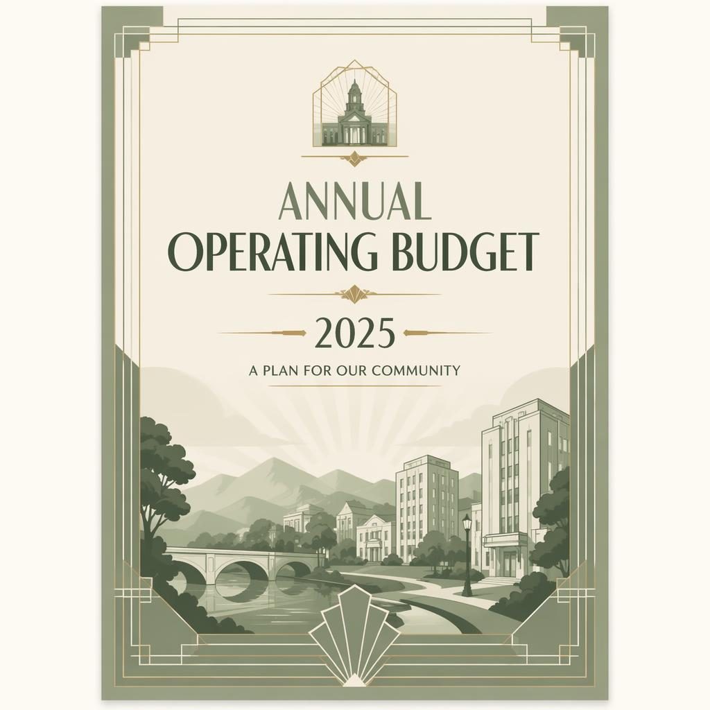 Art deco A4 report cover in sage and ivory with placeholder title, year, subtitle, and polished municipal layout.