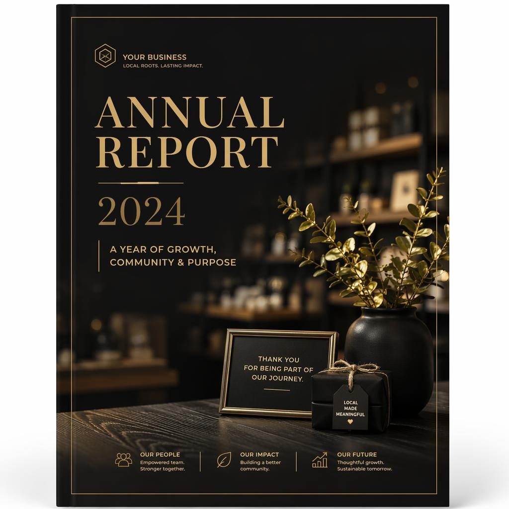 A4 portrait annual report cover with a warm boutique black and gold design, hero visual, placeholder title, year, and subtitle.