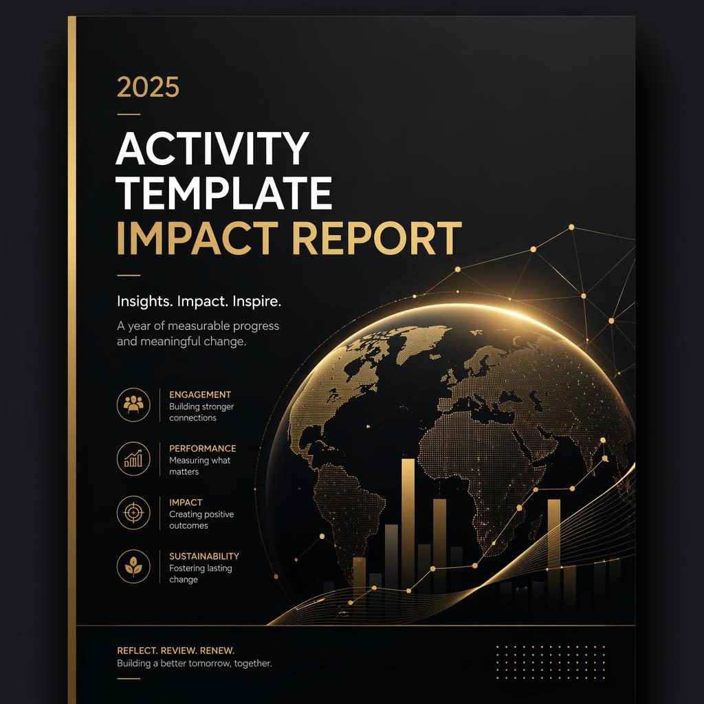 A4 portrait annual report cover in black and gold with data-journalism styling, placeholder title, year, subtitle, and hero visual.