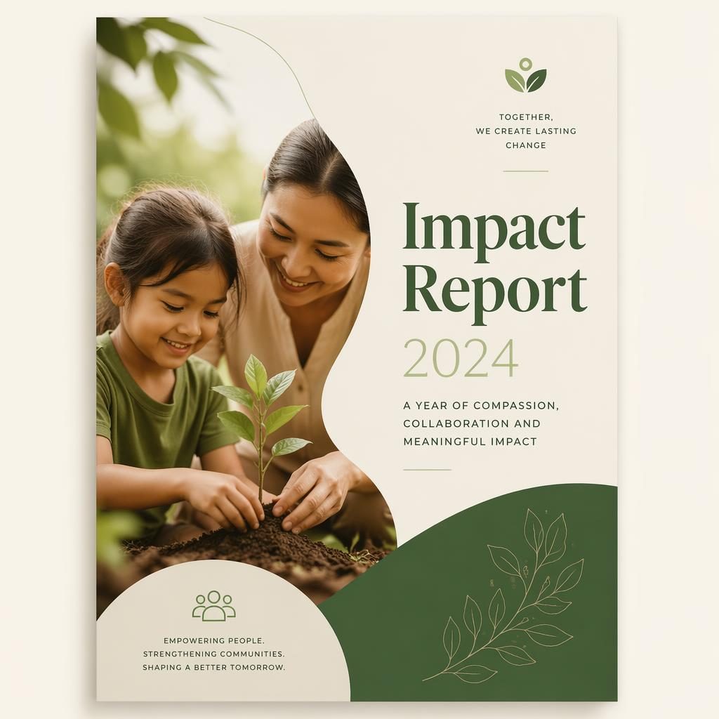 A4 portrait charity report cover with warm boutique styling, green and cream palette, hero visual, placeholder title, year, and subtitle.