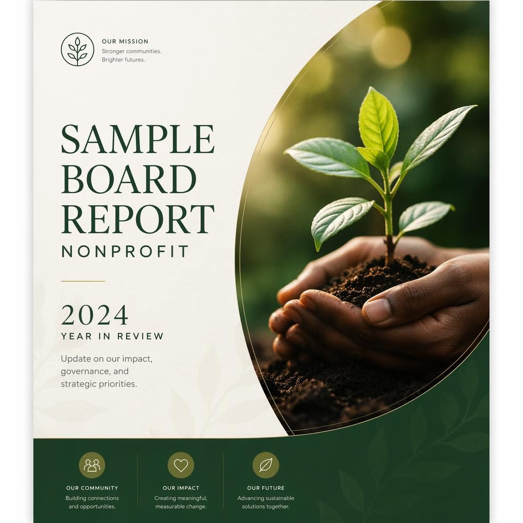 A4 portrait annual report cover in green and cream with abstract hero visual and clean placeholder title, year, and subtitle.