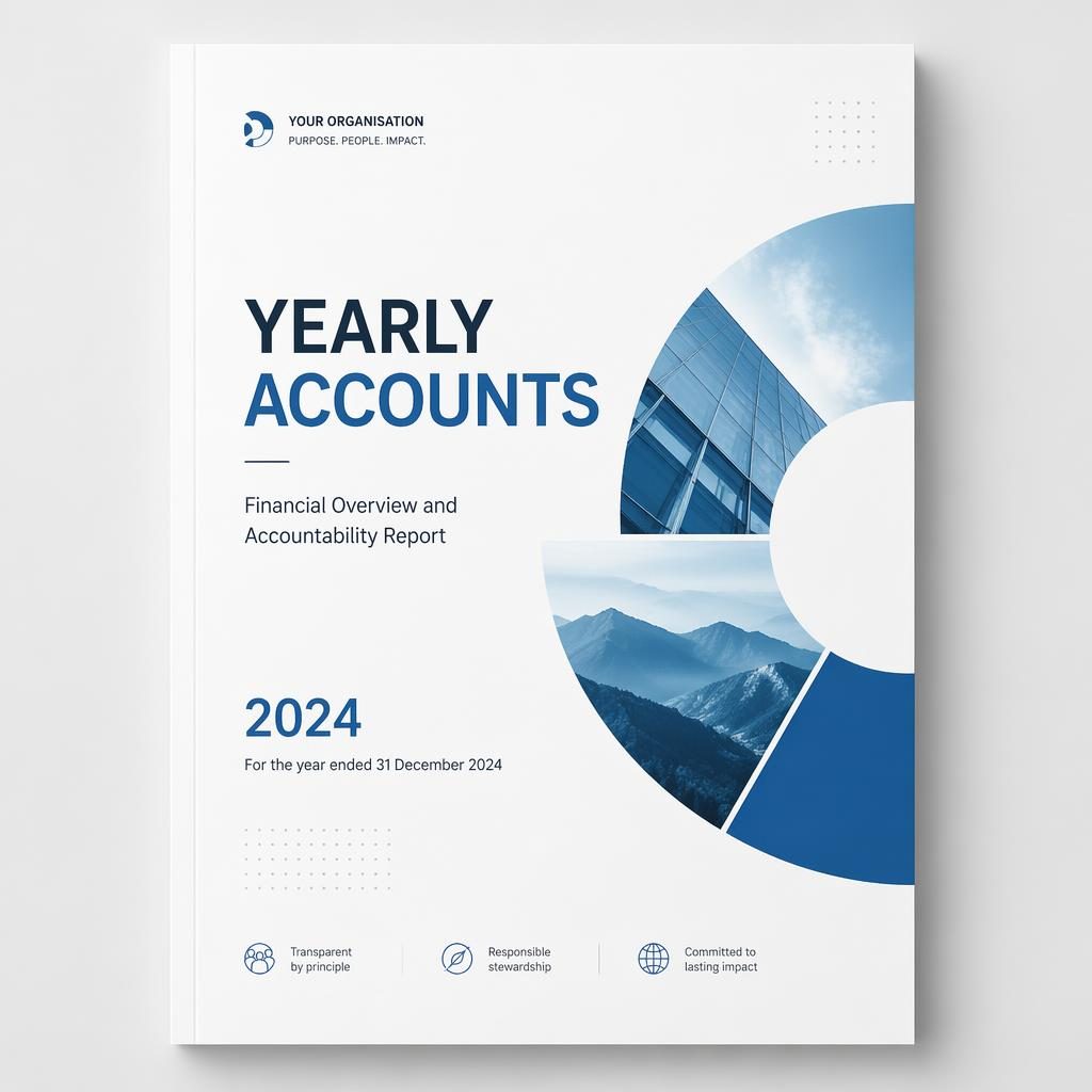 Minimalist A4 annual report cover with Swiss-style layout, tech blue palette, placeholder title, year, and subtitle.