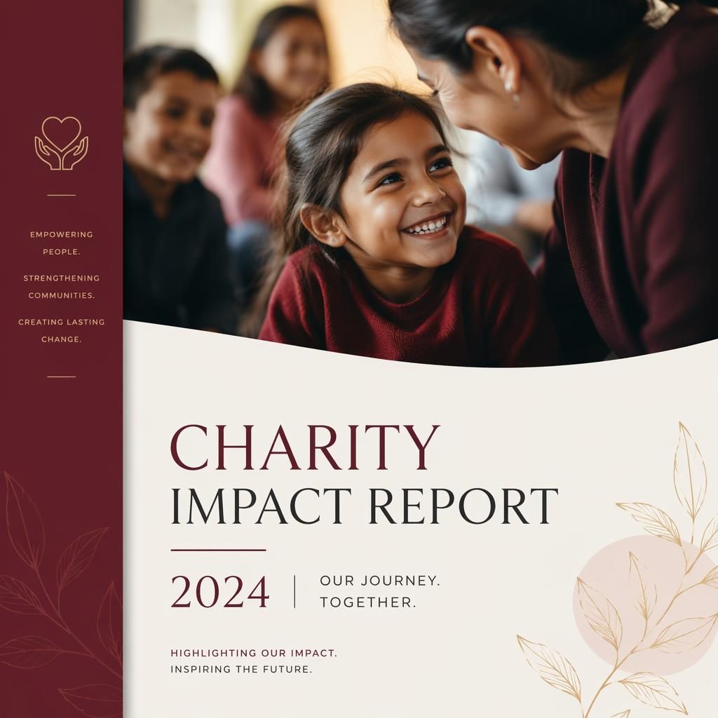 A4 portrait charity report cover design with burgundy and warm white palette, clean placeholder typography, year, and subtitle