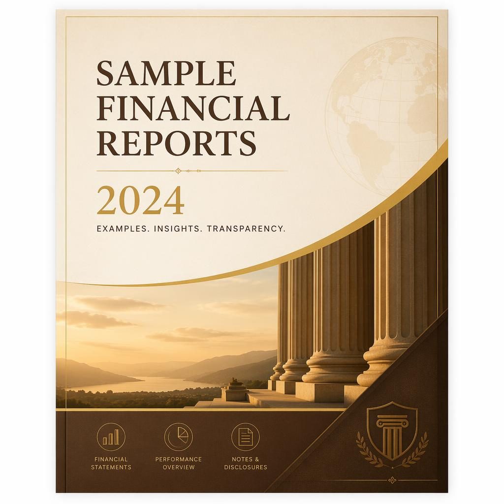 A4 portrait annual report cover with warm earth and gold palette, clean placeholder title, year, subtitle, and editorial layout.