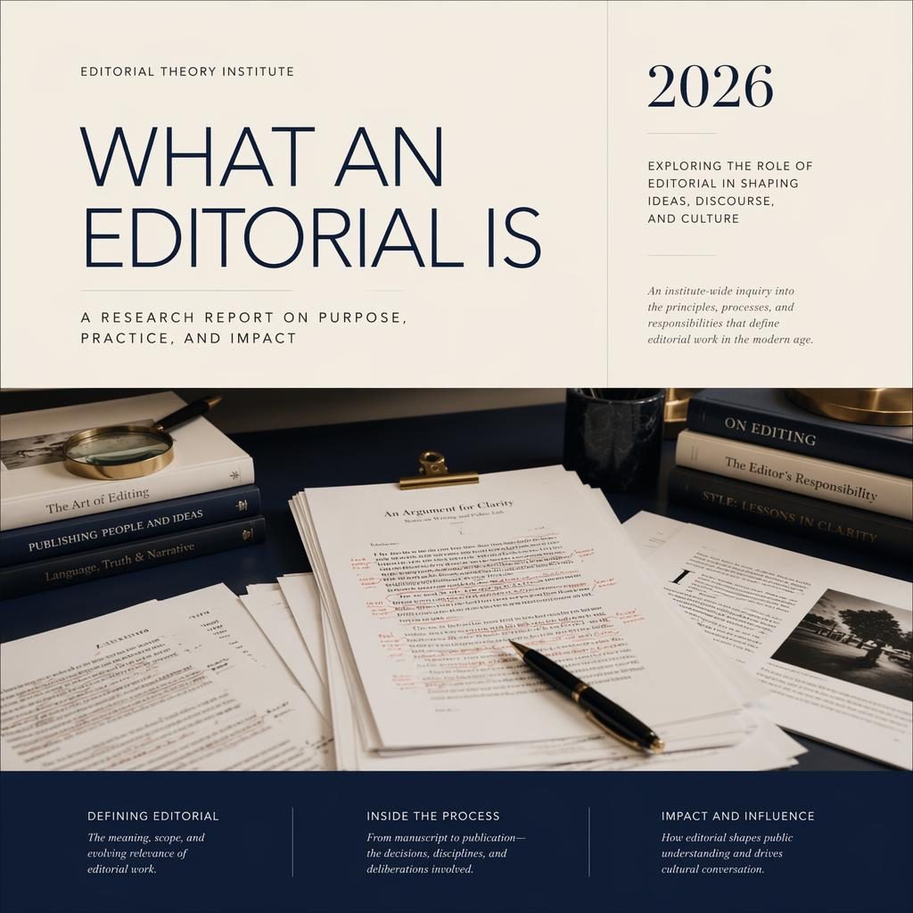 A4-rapportcover in crème en marine met gestapelde drukproeven, gemarkeerde manuscripten en bureau-objecten in studio.