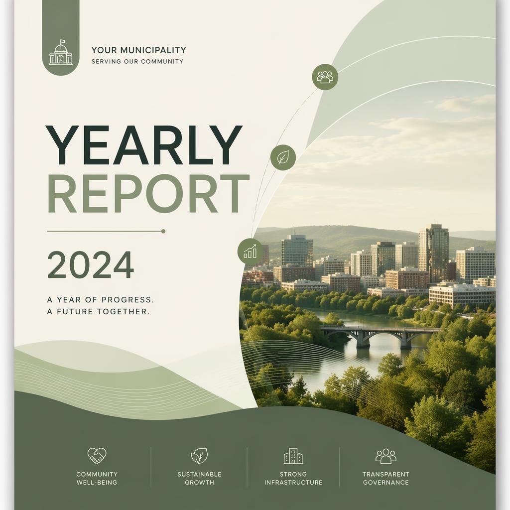 A4 portrait annual report cover design in sage and ivory with modern tech styling, clean placeholder typography, year, and subtitle.